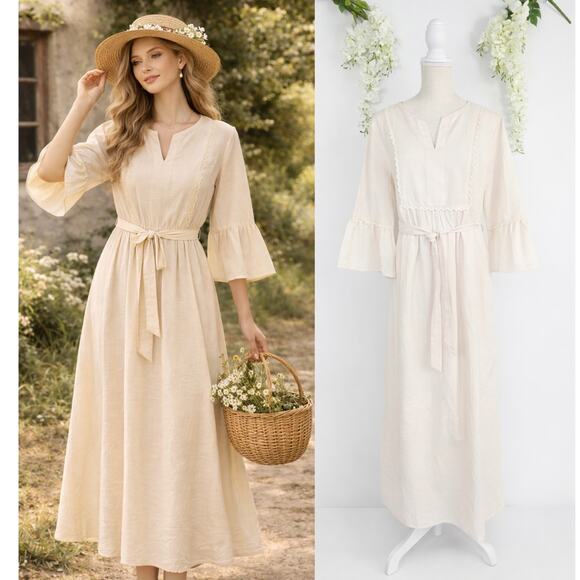 Merokeety Dresses & Skirts - New MEROKEETY Midi Dress Medium Cream Tie Waist Bell Sleeve Cottagecore Milkmaid